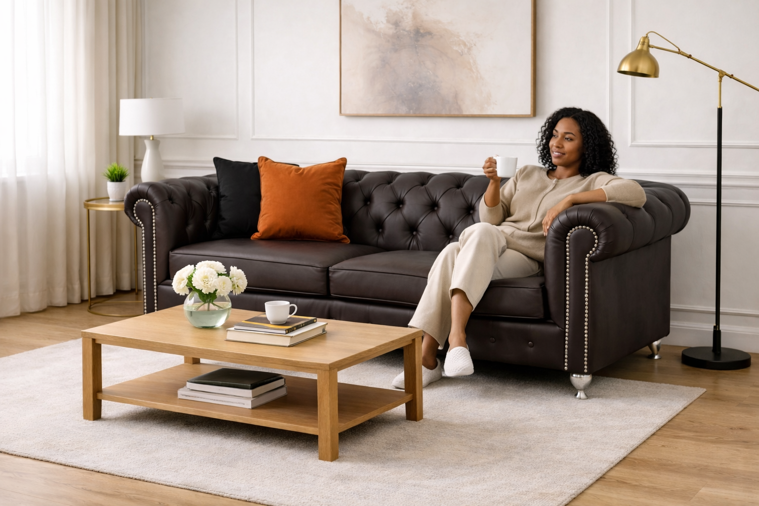 Chesterfield con diseño moderno, confort diario y patas aluminio ambiente de living