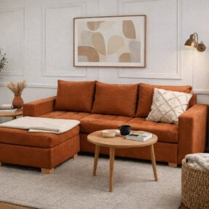 Esquinero Elsa con diseño moderno, confort diario y patas de madera en ambiente de living