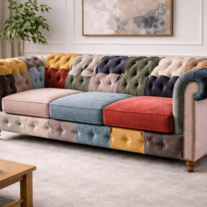 Chesterfield Patchwork con diseño moderno, confort diario y patas aluminio ambiente de living