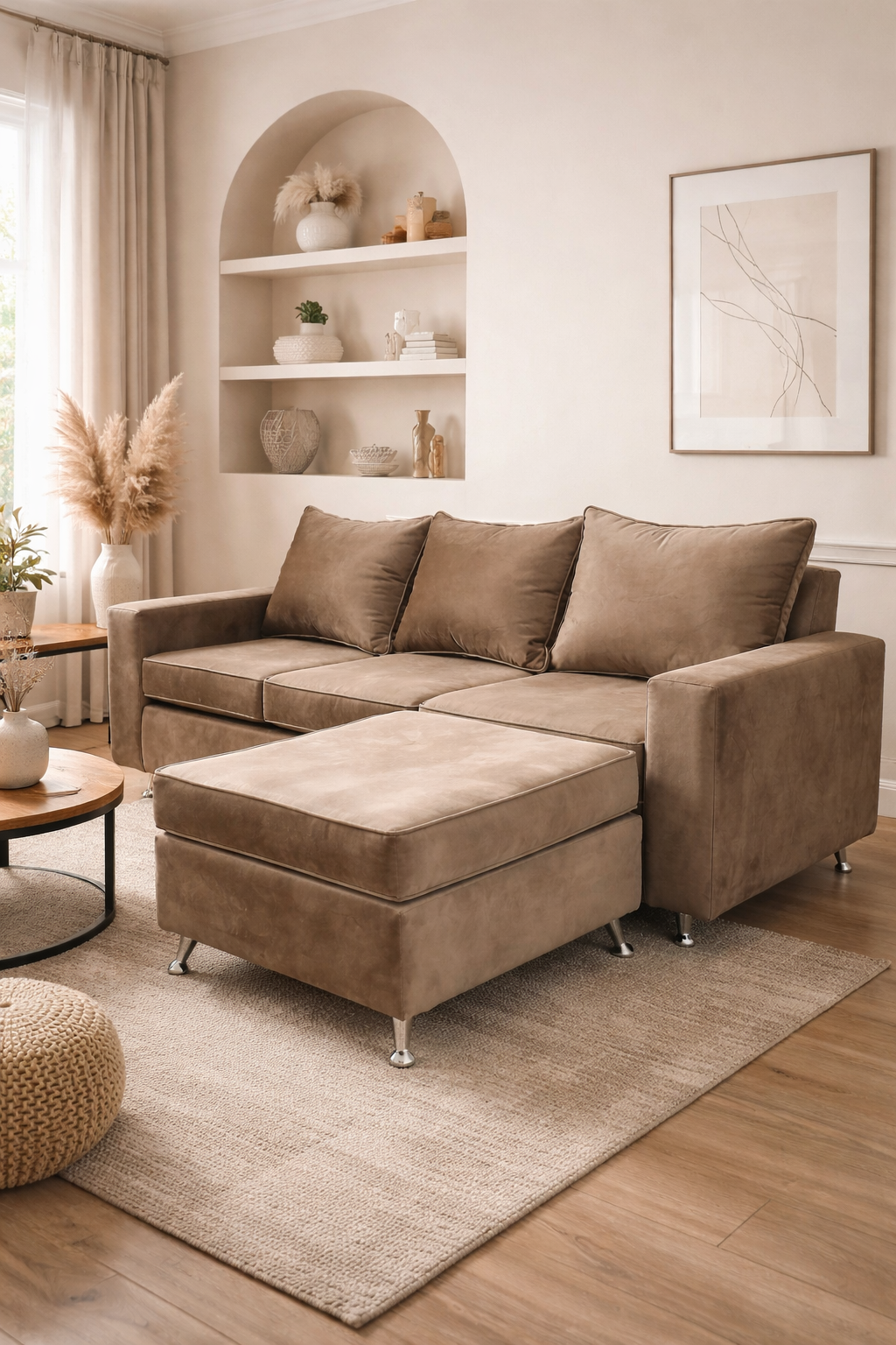 Esquinero Oporto con diseño moderno, confort diario y patas aluminio ambiente de livingEsquinero Chesterfield con diseño moderno, confort diario y patas aluminio ambiente de living