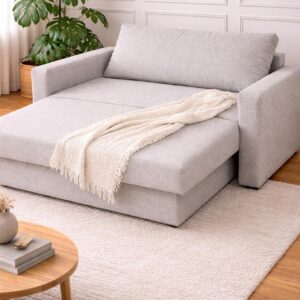 El Sofa Cama Monaco con diseño moderno, confort diario y patas de madera en ambiente de living